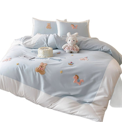 Baumwoll-Satin Applikation Hase Bettbezug Set mit Kontrastbordüre und Dekokissenbezügen