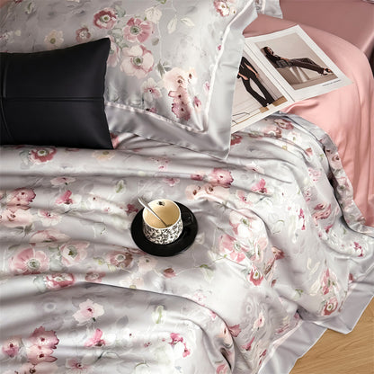 Luxuriöses Satin-Feeling Floral Bettwäsche-Set mit Bettdeckenbezug, Kissenbezügen und dekorativen Shams