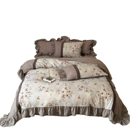 Bettwäsche-Garnitur aus Leinen-Baumwolle mit zartem Blumenprint und Rüschenbesatz Brehn
