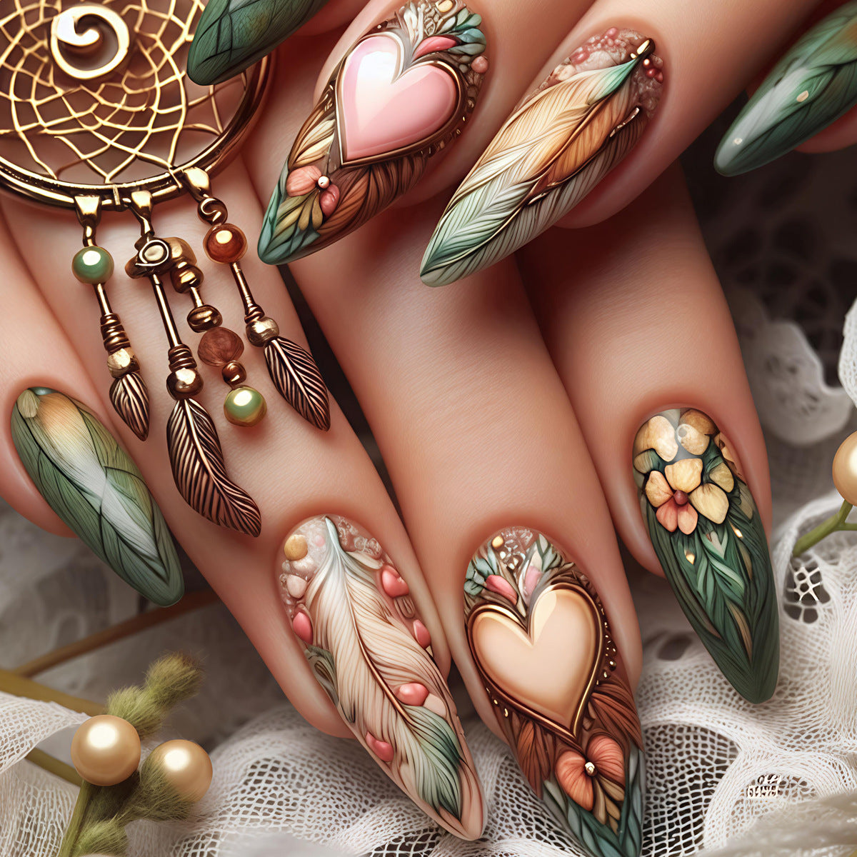 Kunstnägel mit Floralem und Romantischem Herzensdesign Brehn