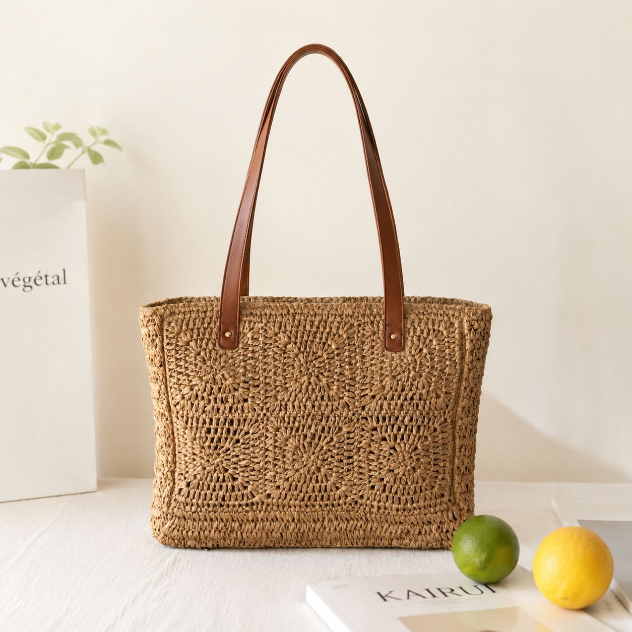 Geflochtene Jutetasche mit Ledergriffen Brehn