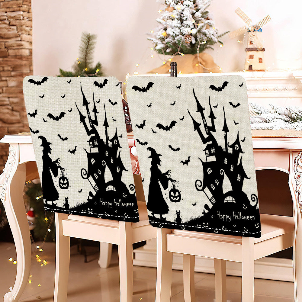 festliche Halloween-Stuhlhussen aus dehnbarem Polyester mit Hexenhut- und Schriftzug-Motiv