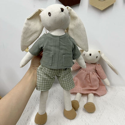 Handgemachte Leinen-Hase Weiche Stoffpuppe mit besticktem Latzkleid