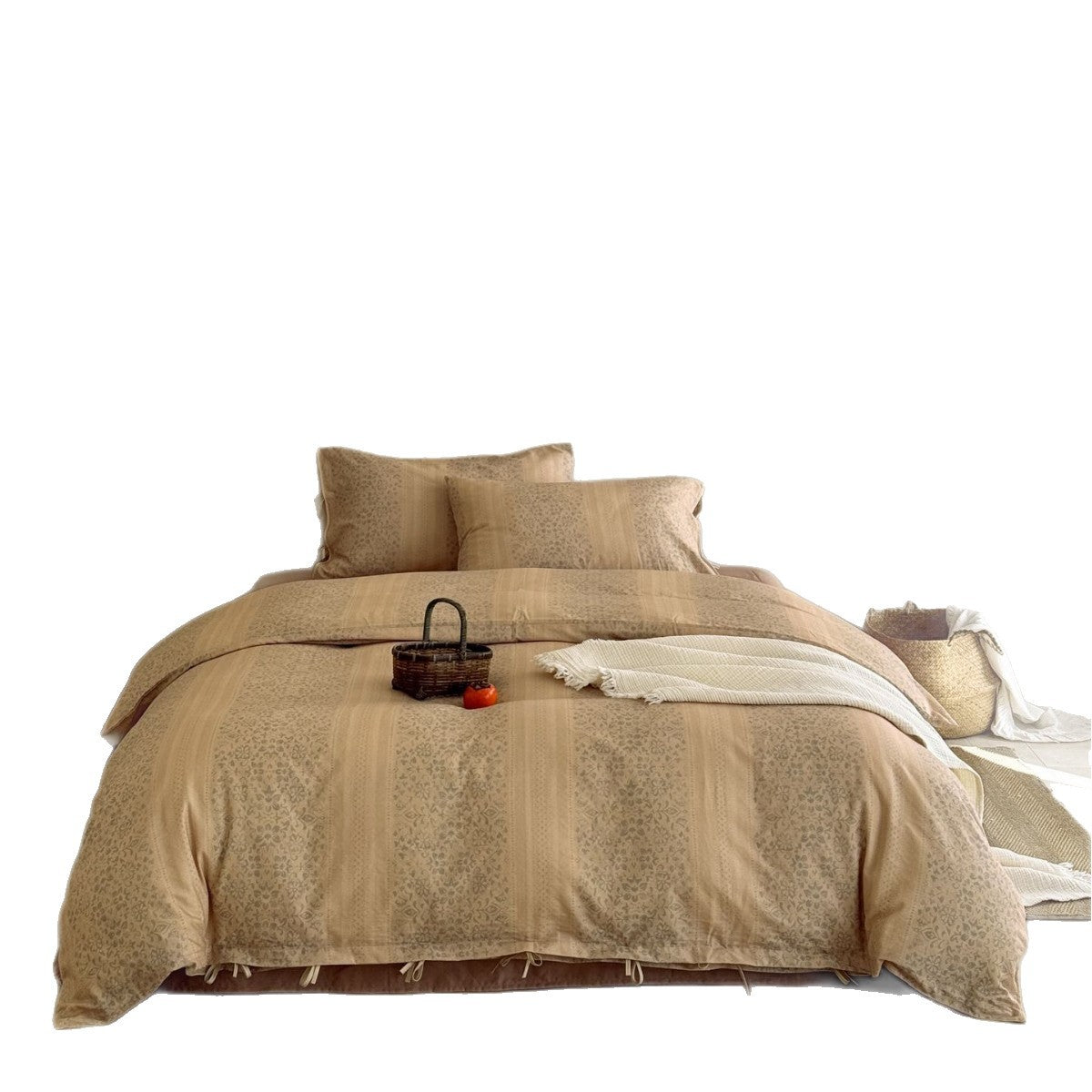 Gepolstertes Bettwäscheset aus Baumwoll-Jacquard mit feiner Floralsteppung und Bindebändern