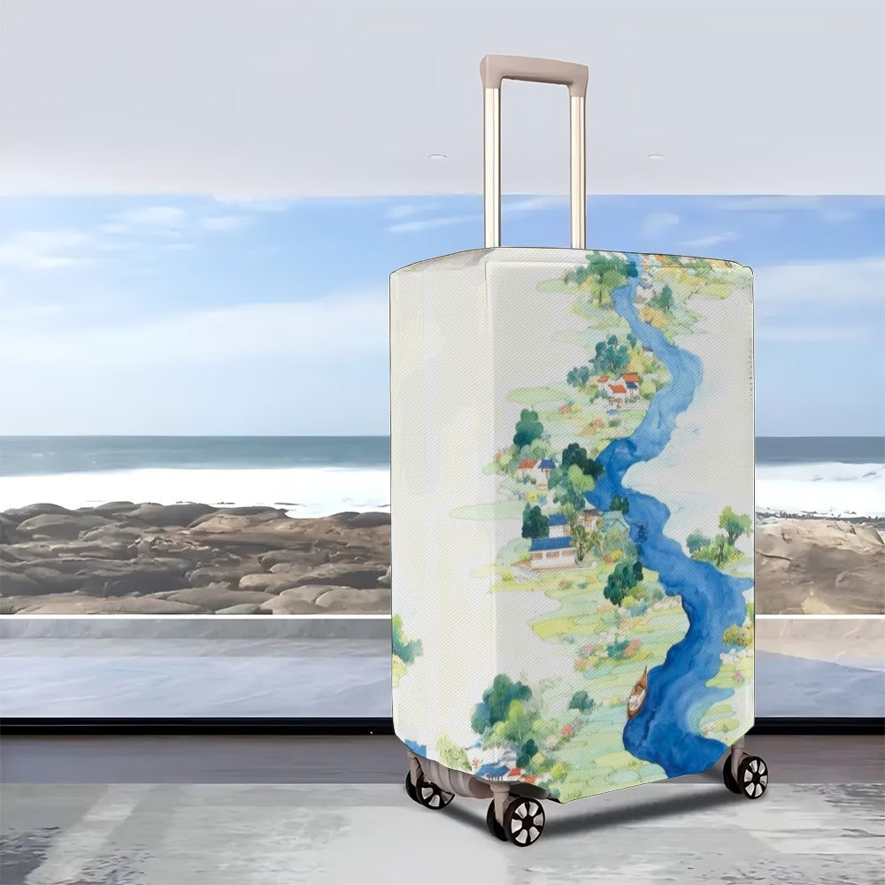 Unisex nan elastische Kofferhülle mit detaillierter Fluss- und Dorfillustrationsdruck, reißfester Stretchschutz für Hartschalen- und Stofftrolley Brehn