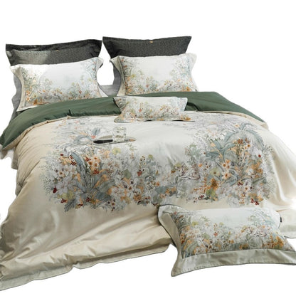 Reversibles Botanisches Baumwoll-Satin Bettbezugset mit Paspelrand und passenden Kissenbezügen