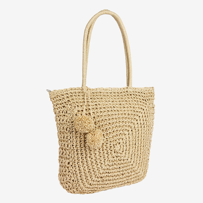 Damen Handgefertigte Basttasche mit verspieltem Pompon-Detail Brehn