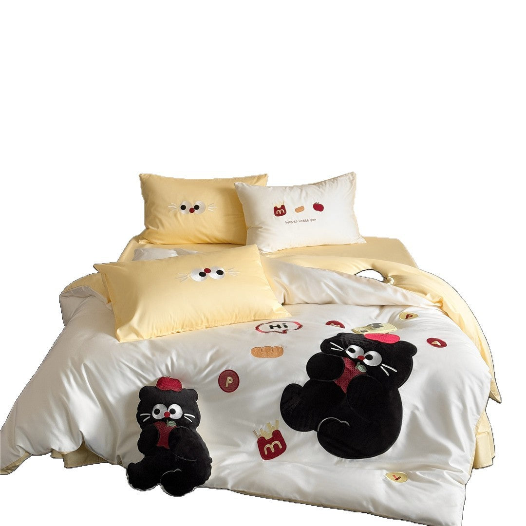 Cartoon Applikation Plüsch Katze Bettdeckenbezug Set mit Micro-Satin Wendeseite & Kopfkissenbezügen
