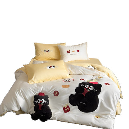 Cartoon Applikation Plüsch Katze Bettdeckenbezug Set mit Micro-Satin Wendeseite & Kopfkissenbezügen