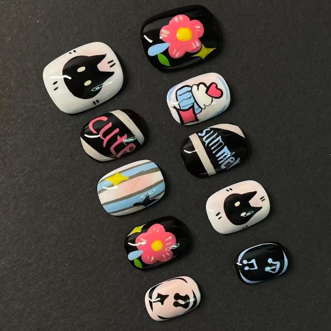 Künstlerisches katzenmotiviertes Press-On-Nagelkunstset Brehn