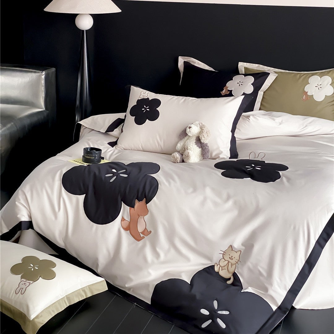 Baumwoll-Satin Bettbezug Set mit bestickter Fuchs und Katze Applikation