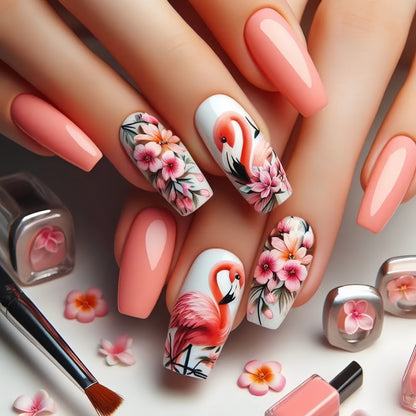 Nail Art Set mit farbenfrohen Flamingo- und Blütenmotiven Brehn