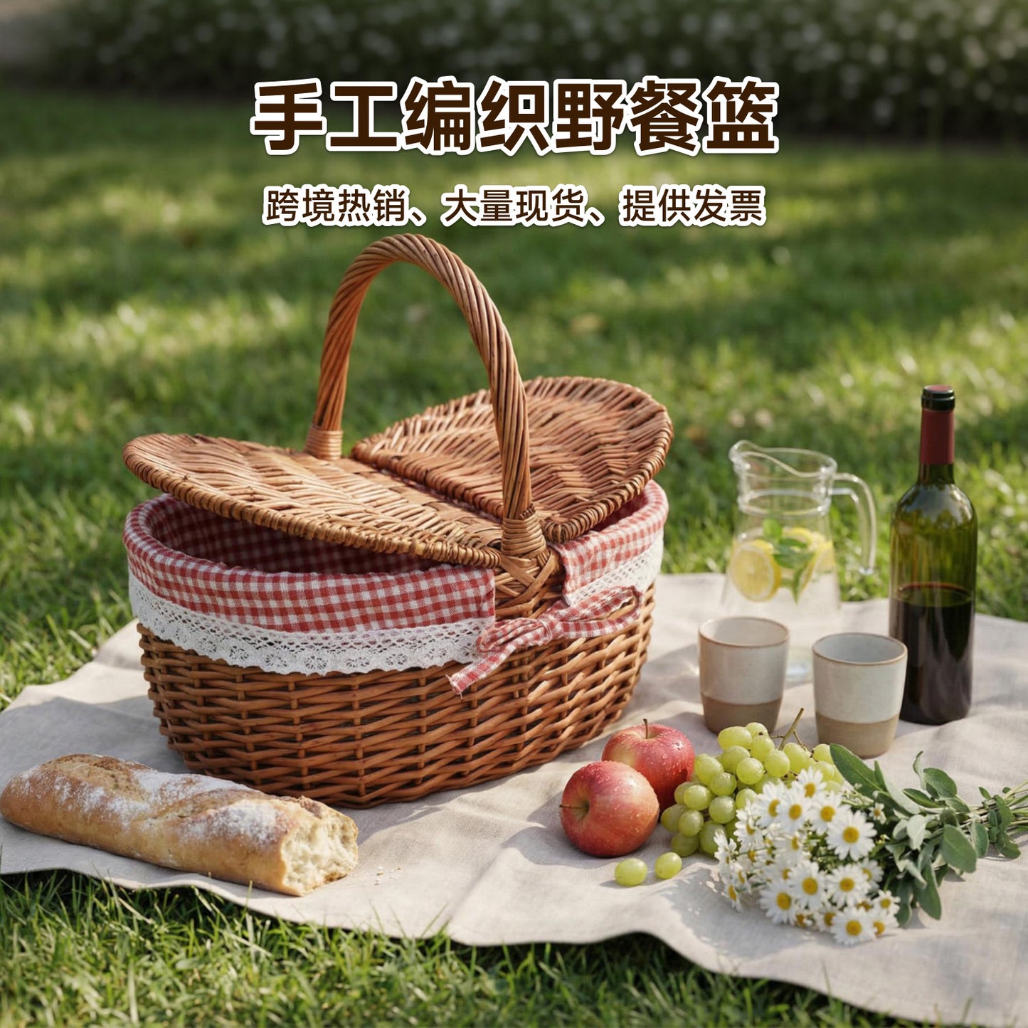 Damen geflochtener Picknickkorb mit romantischem Gingham-Futter Brehn