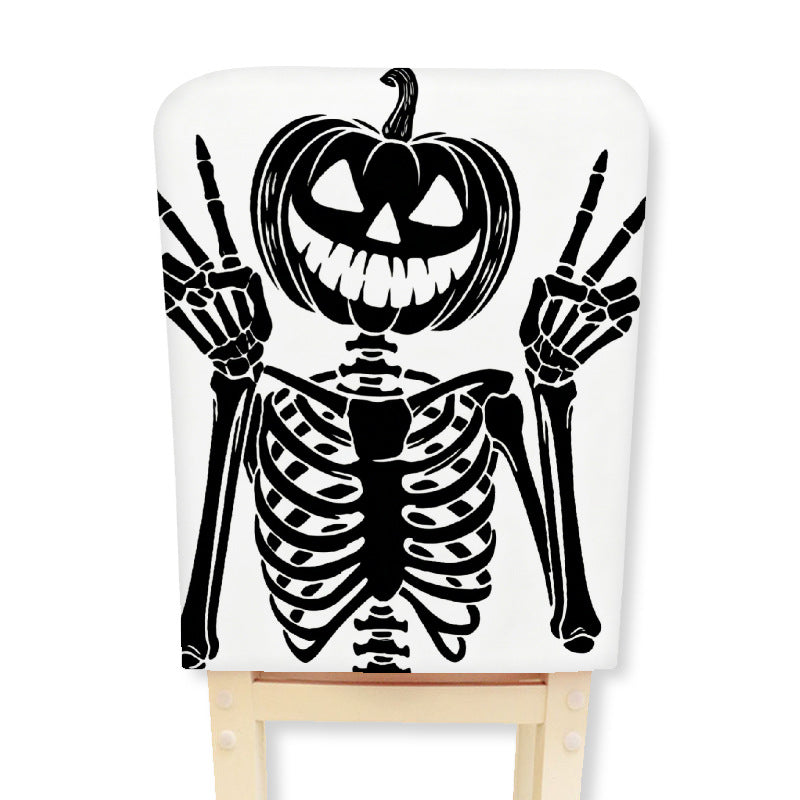 Elastischer Stuhlrückenbezug mit Halloween-Skelettmuster und hochelastischem Jersey-Stoff