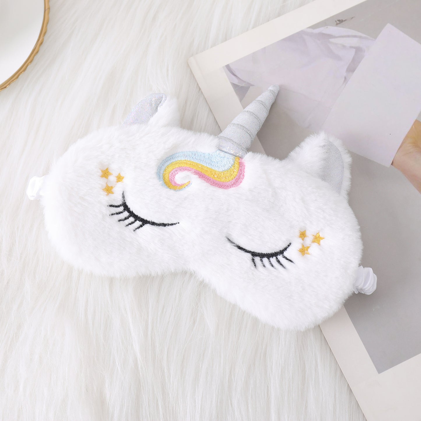 Damen nan kuschelige Einhorn-Schlafmaske mit gestickten Wimpern, weichem Plüsch und elastischem Rüschenband Brehn