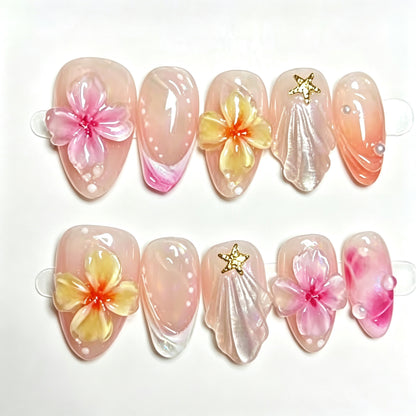 Blumen-Themen Press-On Nagelkunst Set mit 3D Akzenten Brehn
