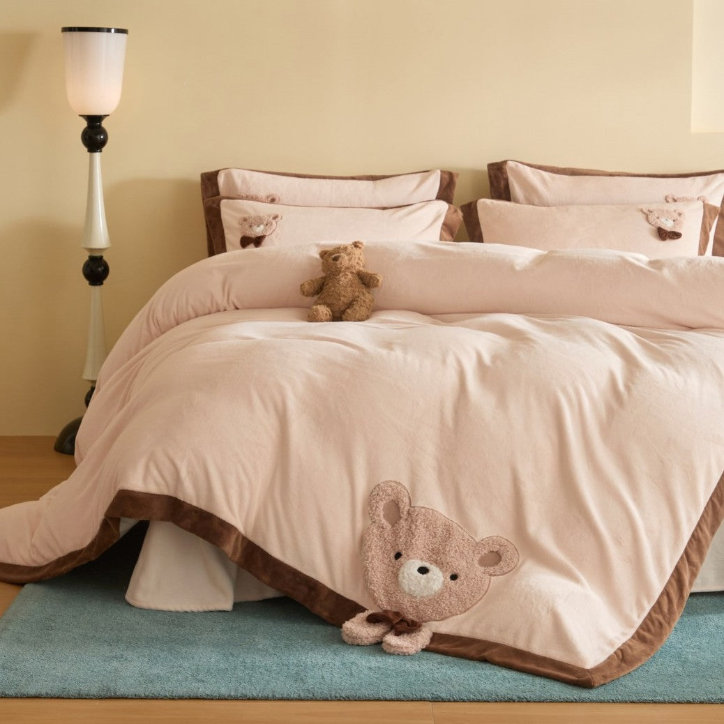 Plüsch Teddy Applikation Baumwolle Bettbezug Set