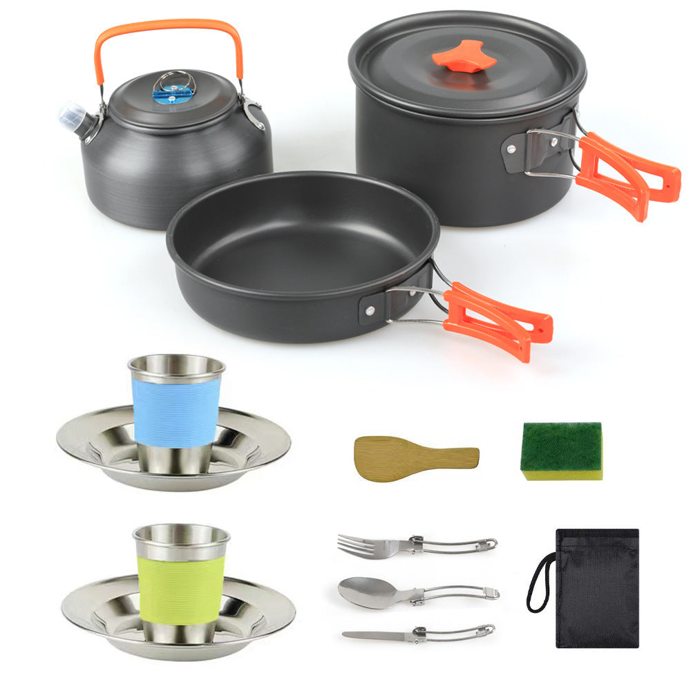 leichtes hart-anodisiertes Campinggeschirrset mit klappbaren Griffen, kompaktem Wasserkocher und Edelstahlbechern Teller Brehn