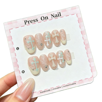 Anpassbares Press-On Nail Art Set mit dekorativem Blumen- und Kreuzdesign