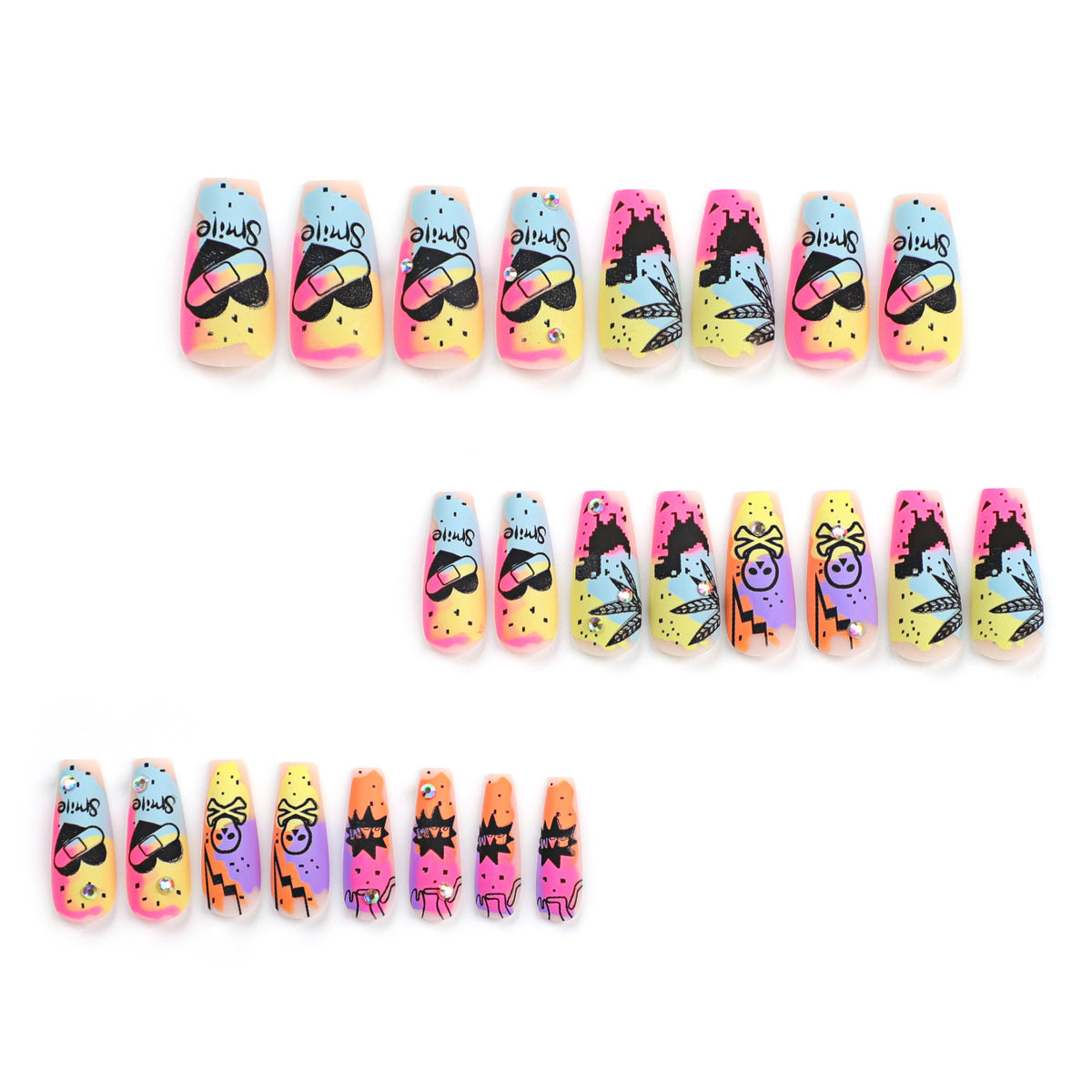 Kunstvolle Nagelkunst mit buntem Motiv und Glitzerverzierung Brehn
