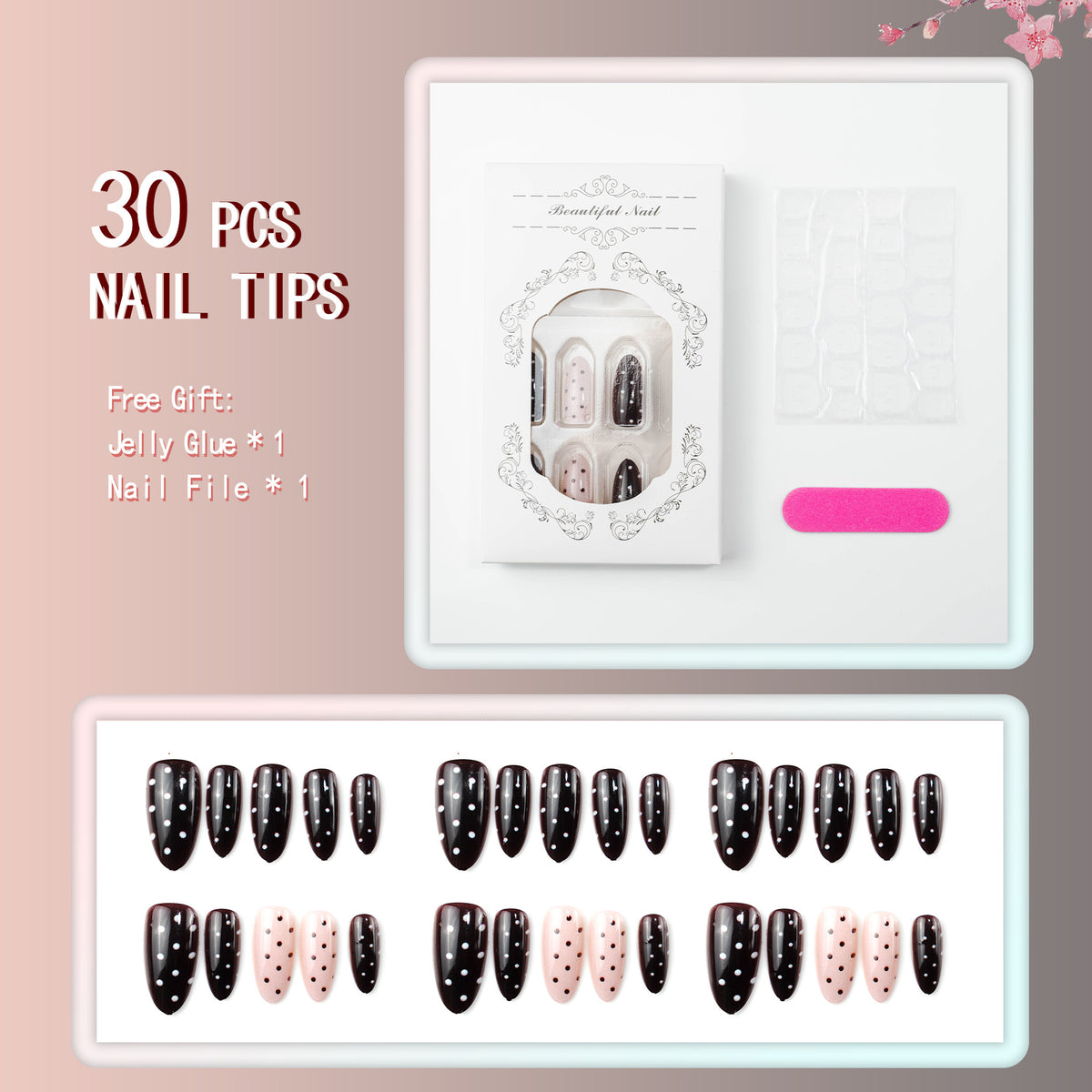 Künstlerisches Press-On Nagelkunst Set mit gepunktetem Design