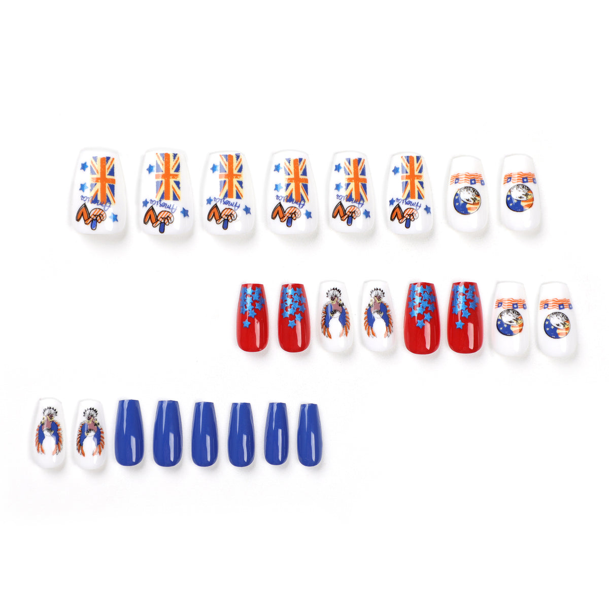 Kunstvolle Nagelverlängerungen mit patriotischen Designs Brehn