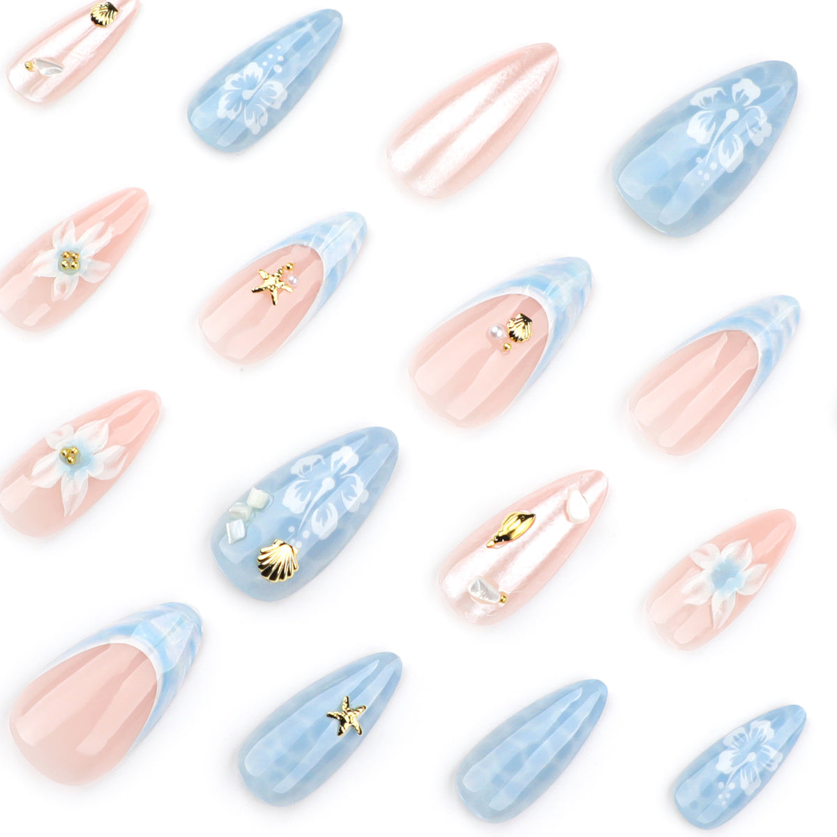 Kunstvolle Nagelverlängerungen mit zarten floralen Designs und Glitzerakzenten Brehn