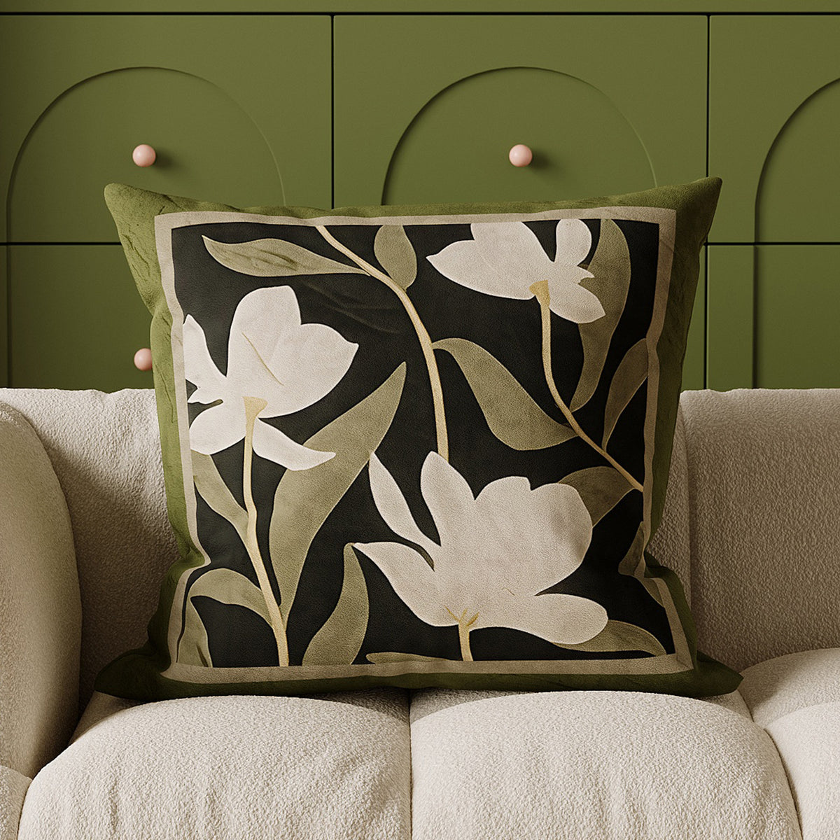 Square Suede-Texture Botanical Print Cushion Cover with Concealed Zipper