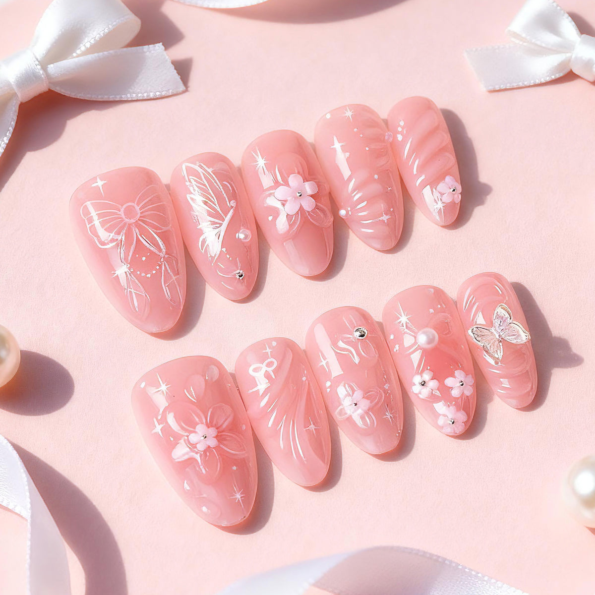 Blumen- und Schleifen-verzierte Press-On Nagelkunst-Set Brehn