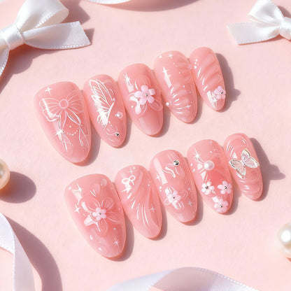 Blumen- und Schleifen-verzierte Press-On Nagelkunst-Set Brehn