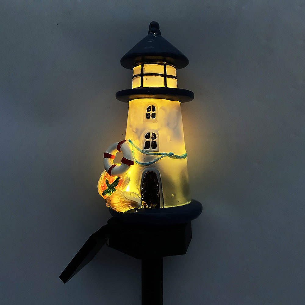 Resin-Leuchtturm-LED-Gartenstecklampe mit integriertem Solarpanel und Rettungsring- Ornament Brehn