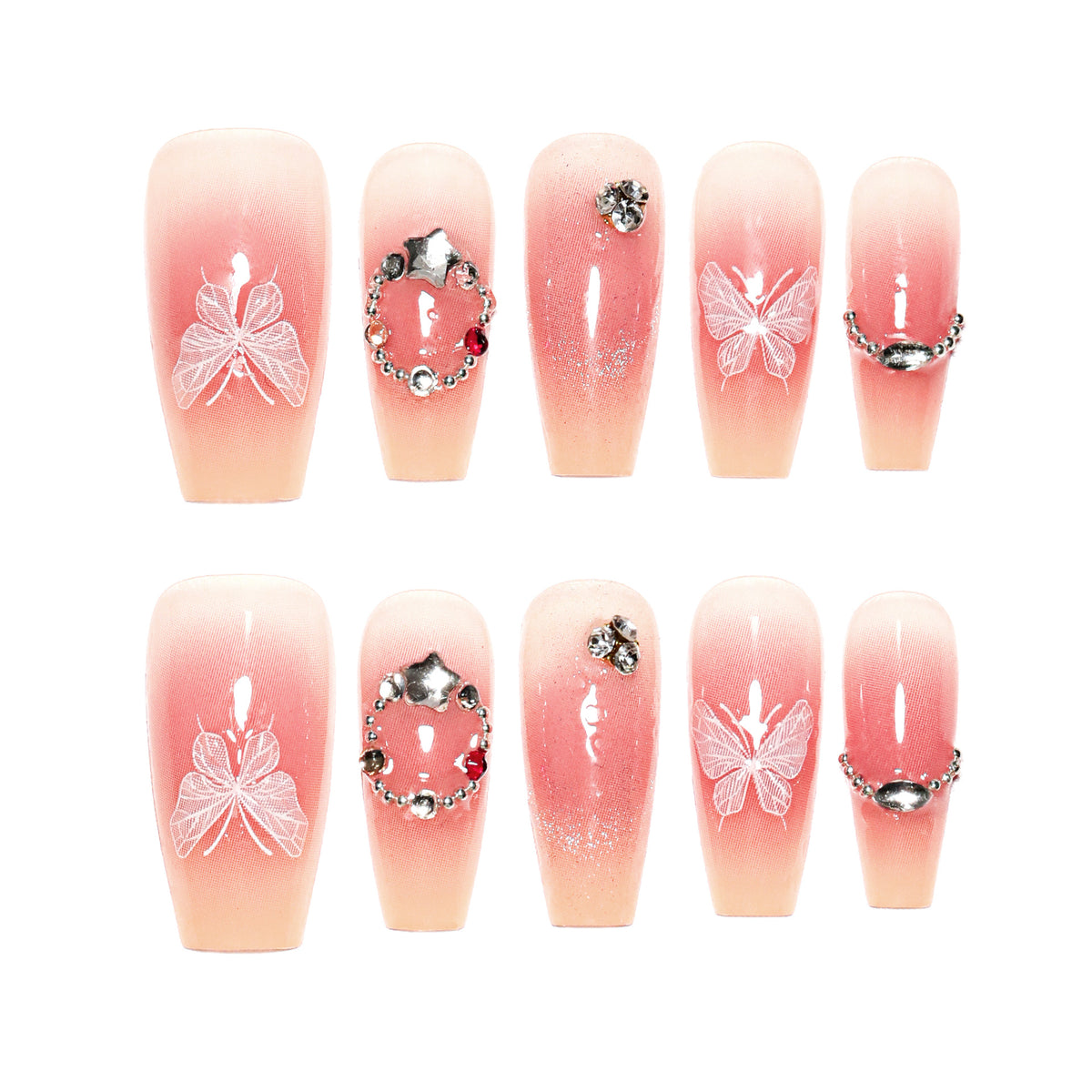 Künstliche Nagelverlängerungen mit floralem Design und funkelnden Akzenten Brehn