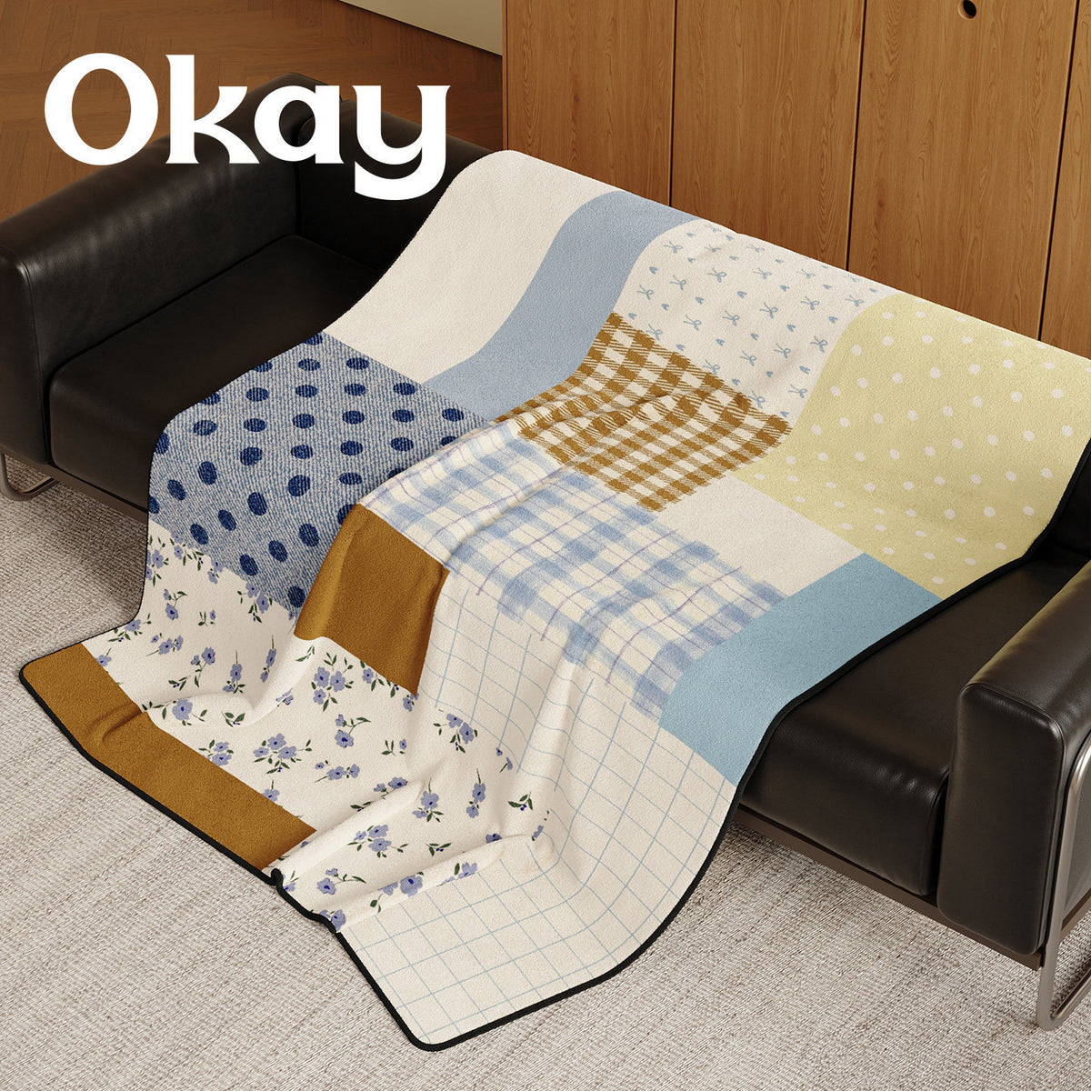 Reversible Patchwork Plush Throw Blanket with Mixed Plaid Stripes and Floral Panels