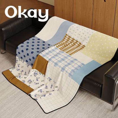 Reversible Patchwork Plush Throw Blanket with Mixed Plaid Stripes and Floral Panels