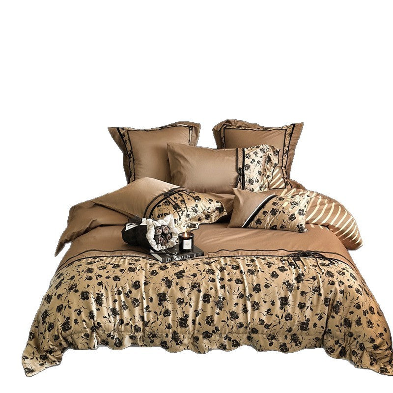 Luxuriöses Satin-Mix Floral Jacquard Bettwäsche-Set mit wendbarem Streifenfutter & dekorativen Kissenbezügen