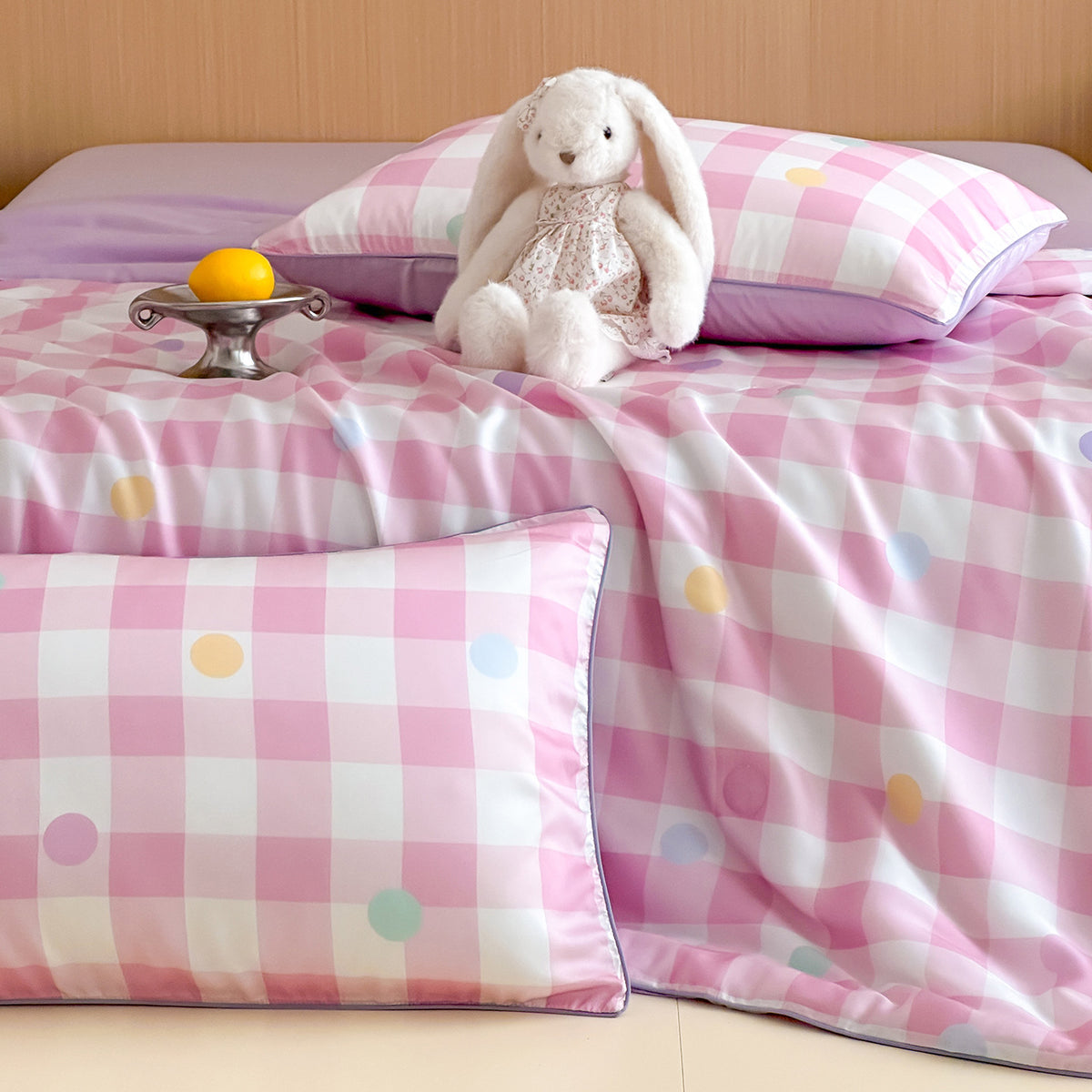 Kinder-Bettwäscheset mit gesteppter Kuscheldecke und kariertem Punktmuster Brehn