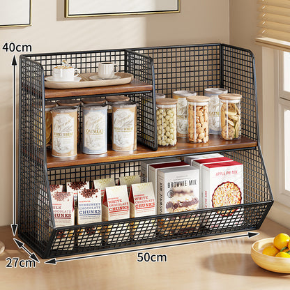 Multi-Ebenen Drahtgitter Arbeitsplatten Vorratsraum Organizer mit Holzregalen und Korb