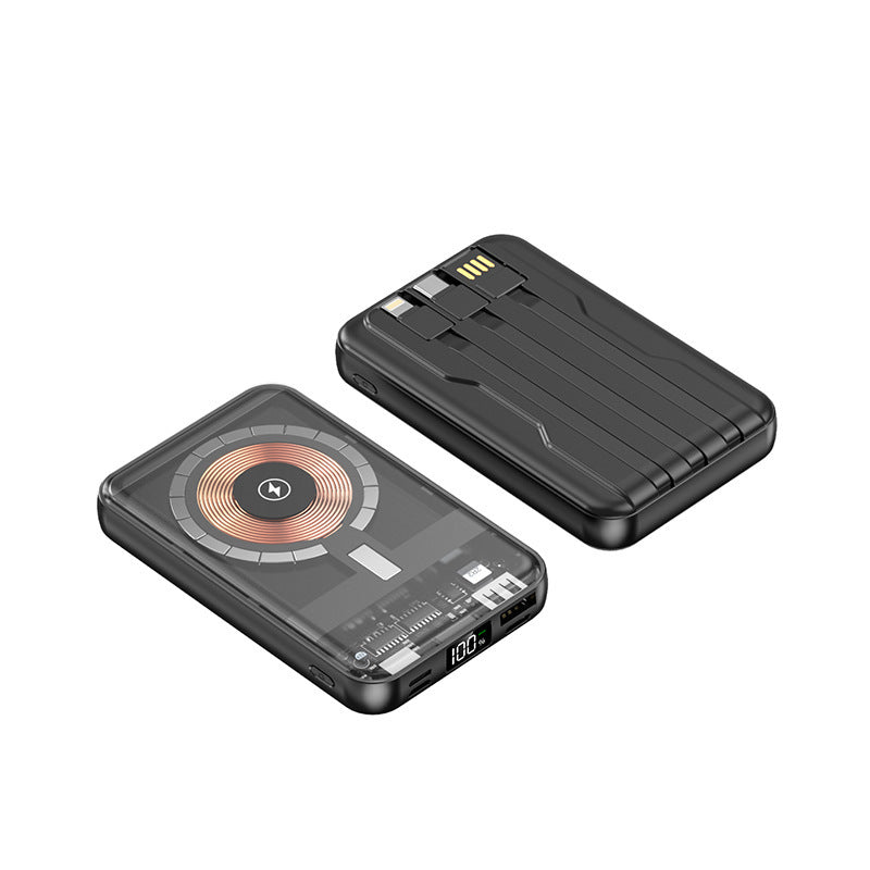 Tragbare Powerbank mit kabelloser Ladefunktion und integriertem Kabelsystem Brehn