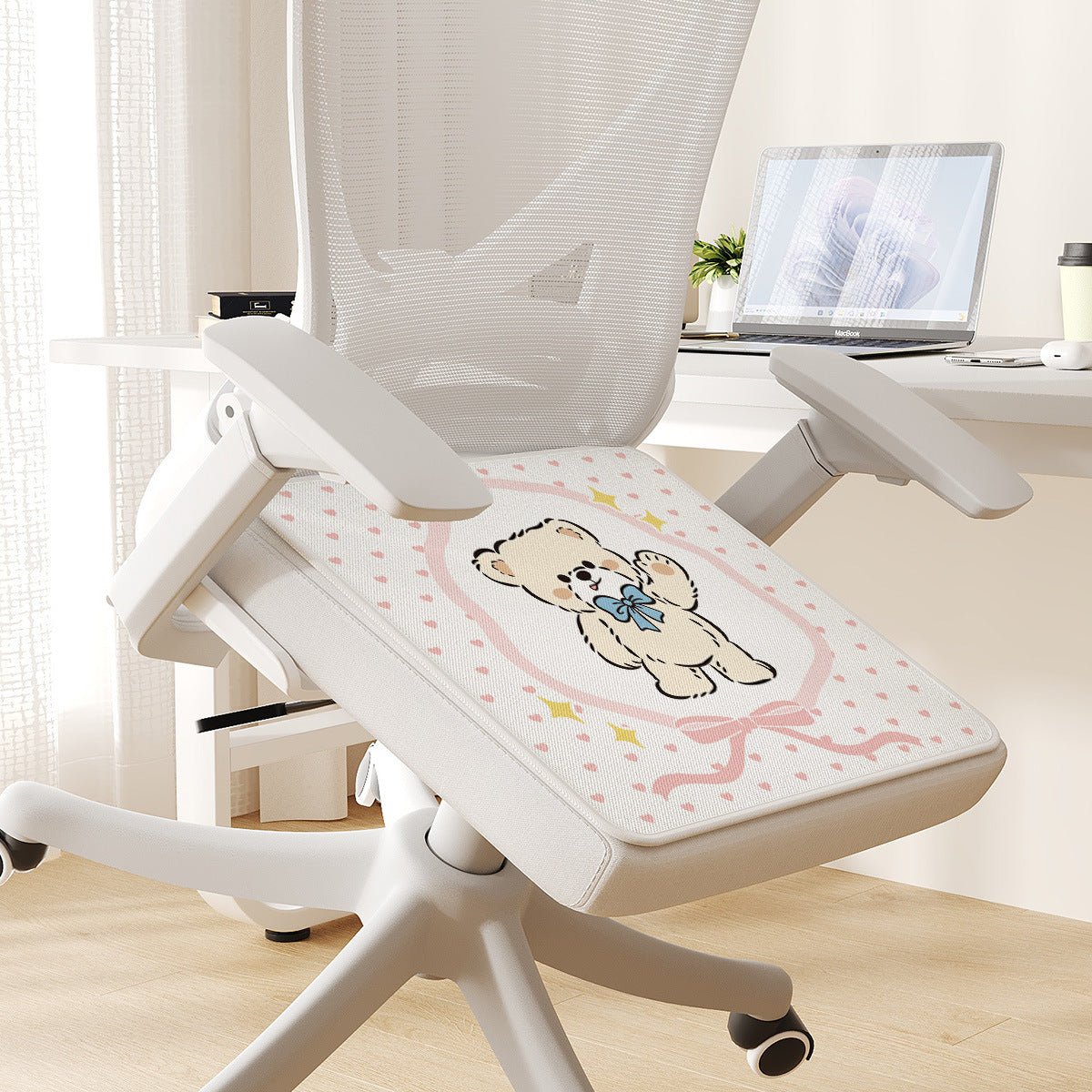 Plush Ergonomic Chair Seat Cushion Pad with Non-Slip Backing and Cute Teddy Illustration