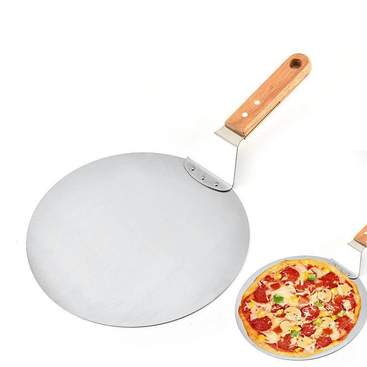 dünner runder Pizzaschieber aus Edelstahl mit Holzgriff Brehn