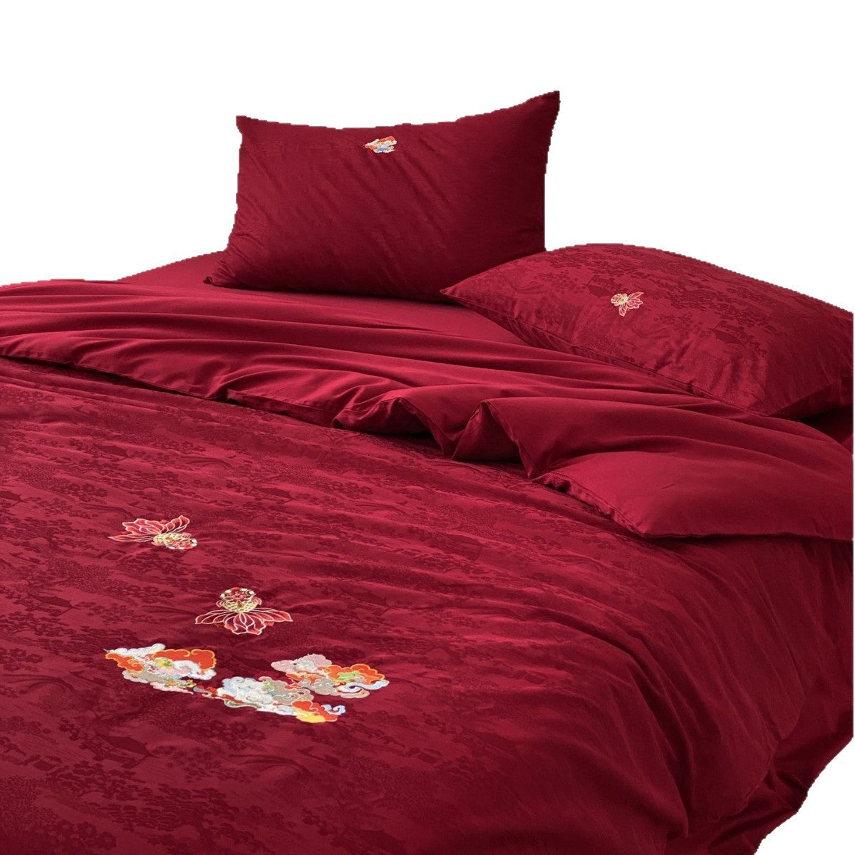 Premium Bettwäsche-Garnitur aus Mako-Baumwoll-Satin mit floraler Jacquardstruktur und gestickten Applikationen Brehn