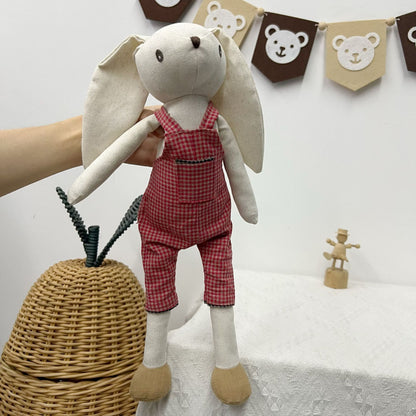 Weiche Vintage-Stil Langohren Stoffkaninchen Puppe in Karierter Latzhose