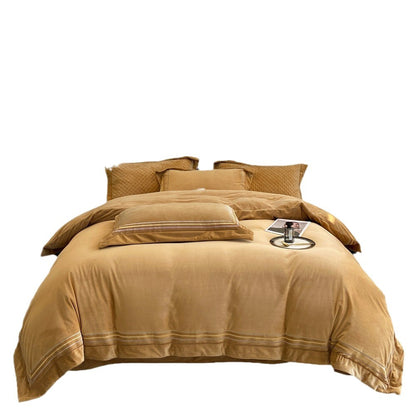 Luxuriöses Velvet Bettbezug- und Kissenbezug-Bettwäsche-Set mit besticktem Saum