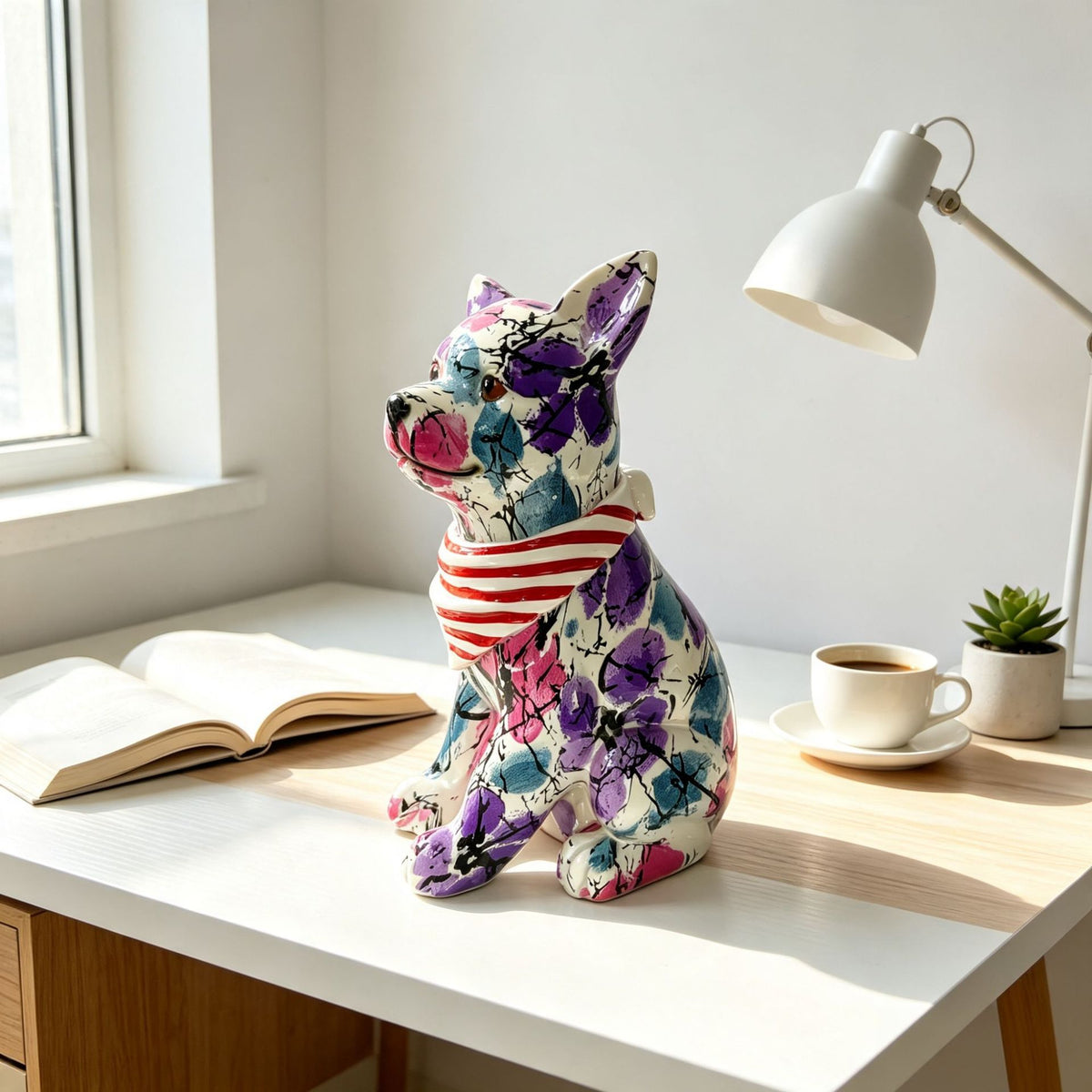 Bunte Dekofigur eines Hundes im modernen Design Brehn