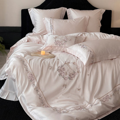Bestickte Seidenlook Satin Bettbezug Set mit Blumenkranz Motiv