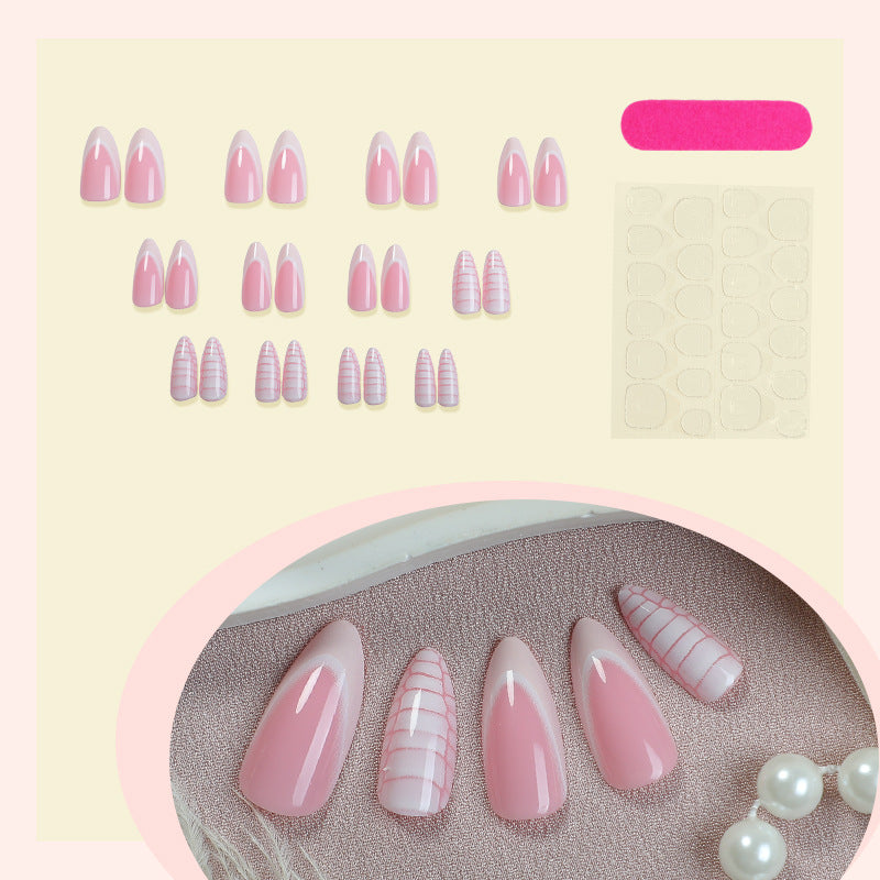 Elegante mandelförmige Press-On-Nagelset mit gestreiftem und einfarbigem Design Brehn