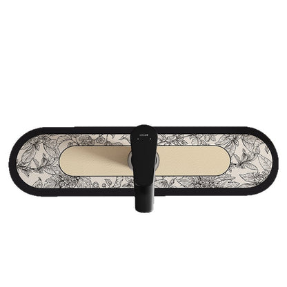 Decorative Oval Silicone Faucet Splash Guard Mat with Floral Engraved Print and Non-Slip Backing