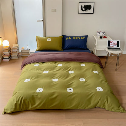 Gesticktes Wendebettwäsche-Set aus Baumwollsatin mit Katzen- und Kirschen-Motiv