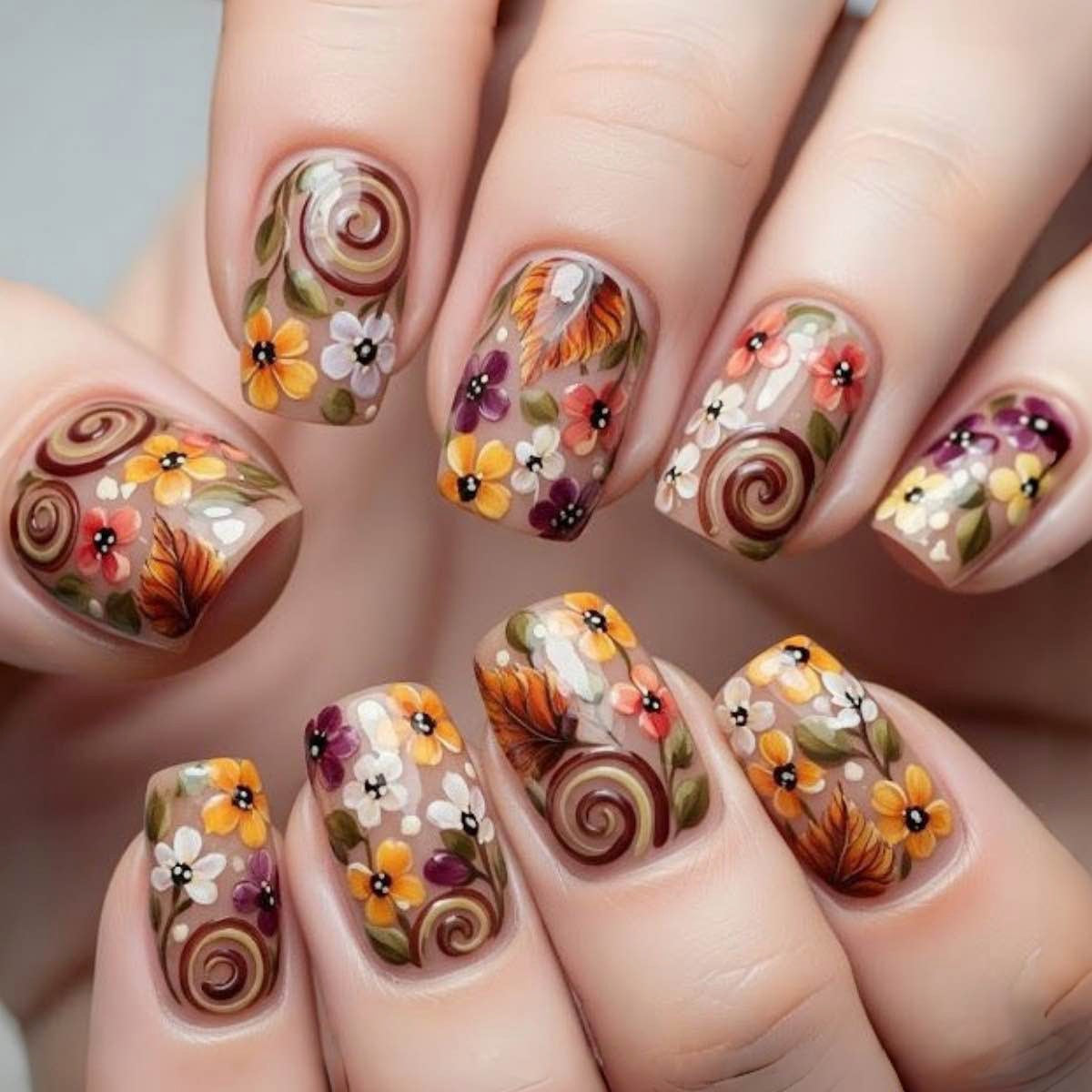Kunstnagelset mit auffälligen floralen Verzierungen Brehn