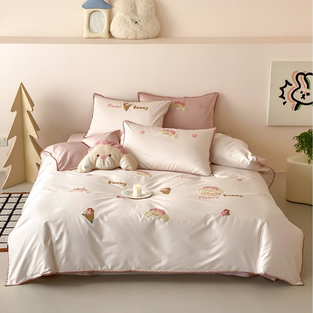 Besticktes Katzenapplikations-Satin-Feeling Bettbezug-Set mit Kontrastpipings und Kissenbezügen